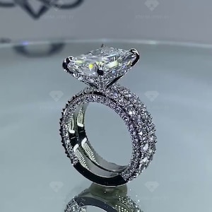 5CT Radiant Cut Moissanite Engagement Ring With Matching Band, Bridal Ring Set, 925 Sterling Silver Wedding Ring Set, Half Eternity Band