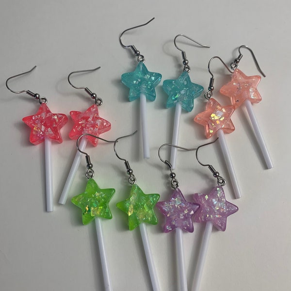 Star Lollipop Earrings | Lollipop Earrings | Stainless Steel Charm Earrings | Holographic Glitter Star Earrings | Colorful Lollipop Earrings