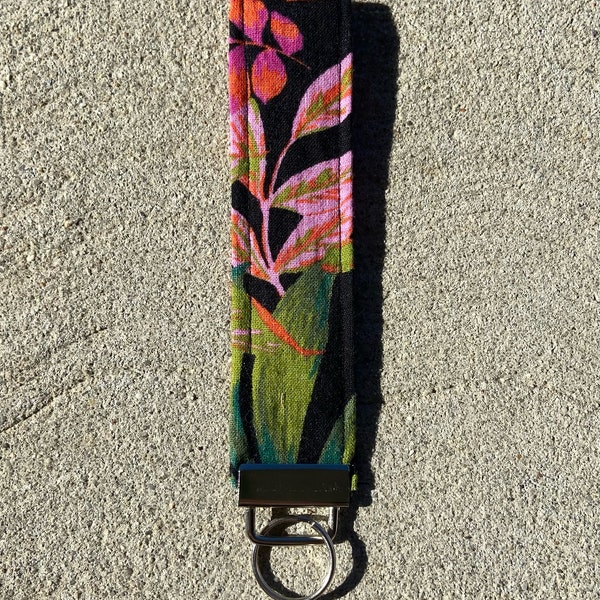 Vibrant Floral Wristlet Keychain | Pink, Orange, Green, Black Key Fob Wristlet | Beachy Florals Wristlet | Fabric Wrist Lanyard | 1 Piece