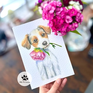 Tarjeta de cumpleaños de perro A5 - Tarjeta artística de cachorro - Tarjeta de felicitación de cachorro con flor - - Tarjetas de perro en acuarela del artista