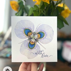 Tarjeta de cumpleaños con flores - Tarjeta del Día de la Madre - Tarjeta de felicitación de Pancy con amor - tarjeta de felicitación para ella - Acuarela morea, iris, tarjeta del artista