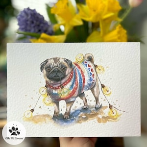 Tarjeta de cumpleaños de perro A5 - Tarjeta de arte Pug - Haz tu vida más brillante Tarjeta de felicitación - Tarjetas de Pug curiosas de acuarela del artista