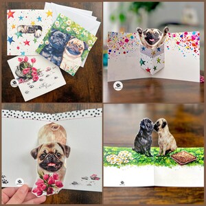 Tarjetas emergentes 3D de perro, tarjeta de cumpleaños, tarjeta artística de Pug, tarjetas divertidas de perro, tarjetas de Pug lindas de acuarela por artista, juego de 3