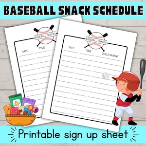 Printable Baseball Snacks Sign Up Sheet, Instant Download Snack Schedule for Ball Games, Baseball Snack List Sheet, T-Ball snack Sheet