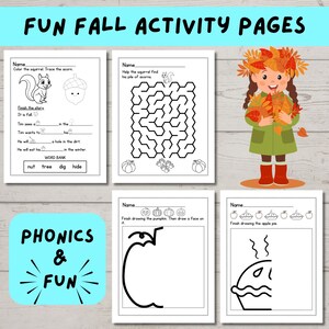 May include: A collection of printable fall activity pages for kids. The pages include a squirrel coloring activity, a maze, and drawing activities. The text "FUN FALL ACTIVITY PAGES" is at the top. A cartoon girl with fall leaves is also shown.