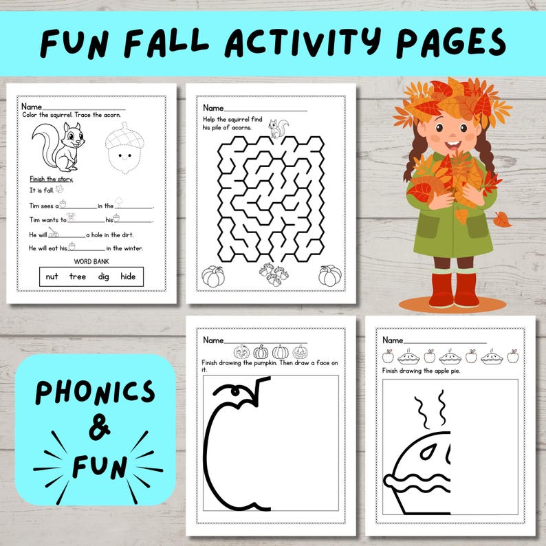 May include: A collection of printable fall activity pages for kids. The pages include a squirrel coloring activity, a maze, and drawing activities. The text "FUN FALL ACTIVITY PAGES" is at the top. A cartoon girl with fall leaves is also shown.