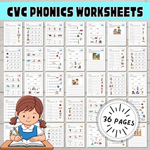Peut inclure: Feuilles de travail de phonétique CVC avec 36 pages. L'image montre un ensemble de feuilles de travail éducatives pour l'alphabétisation précoce, avec des illustrations colorées et des exercices d'écriture. Une jeune fille est montrée en train d'écrire sur une feuille de travail.