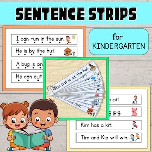 CVC Sentence Strips with Pictures for Kindergarten and Struggling Readers, Homeschool Printable