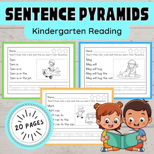 May include: A colorful educational resource for kindergarten reading, featuring sentence pyramids. The image includes worksheets with reading exercises and illustrations, along with a circular badge indicating 20 pages. Two children are reading a book.