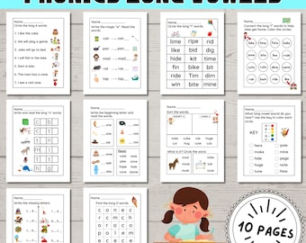Phonics Worksheets for Kindergarten First Grade Printable, Long Vowel Words, Learn to Read Worksheets for Kids, CVCe Words