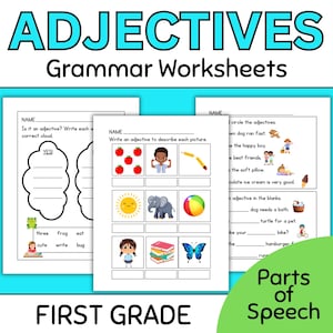 Puede incluir: Hojas de trabajo educativas de gramática para primer grado tituladas ADJECTIVES Grammar Worksheets y Parts of Speech. Las páginas incluyen ejercicios con ilustraciones de manzanas, un niño, un lápiz, un sol, un elefante, una pelota, una niña, libros y una mariposa.