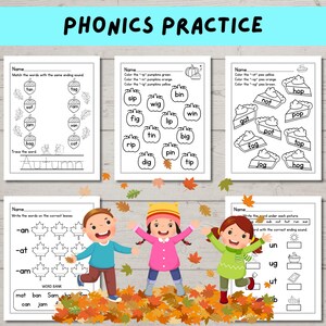 May include: Educational worksheets for phonics practice with the title "PHONICS PRACTICE". The worksheets feature autumn-themed illustrations, including pumpkins, leaves, and children. The worksheets include exercises to match words, color, and write words.