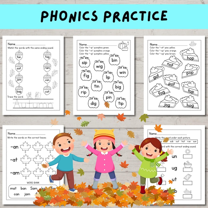 May include: Educational worksheets for phonics practice with the title "PHONICS PRACTICE". The worksheets feature autumn-themed illustrations, including pumpkins, leaves, and children. The worksheets include exercises to match words, color, and write words.