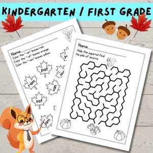 May include: Two worksheets for kindergarten or first grade with fall-themed activities. One sheet has coloring instructions and word recognition. The other is a maze to help a squirrel find acorns. The text "KINDERGARTEN / FIRST GRADE" is at the top.