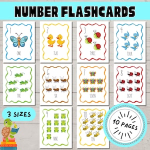 Number Cards for Preschool Kindergarten, Printable Math Flashcards Numbers 1-10, Counting Flashcards, Number Flashcards with Animals