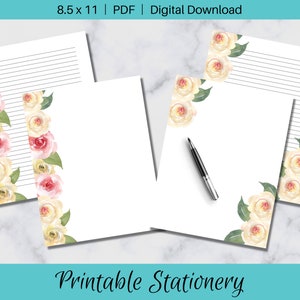 Stationery - Druckbares Brief Set zum ausdrucken - Journaling Seiten - Rosa und Creme Blumen - 8,5 x 11 Seiten - PDF Digital Download