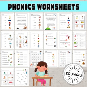 Phonics Worksheets for Kindergarten First Grade Printable, Learn to Read Worksheets for Kids, Reading Printables, CVC Words, 20 Pages