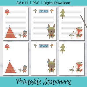 Papeterie imprimable pour enfants - papier à lettres Woodland Forest Adventure - papier de camping explorateur - PDF 8,5 x 11 - téléchargement immédiat