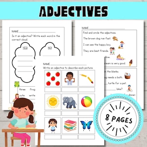 May include: Educational worksheet titled "ADJECTIVES" with exercises for children. Includes fill-in-the-blank questions, circling adjectives, and matching pictures. Features illustrations of a frog, apples, a sun, an elephant, a ball, a girl, books, and a butterfly.