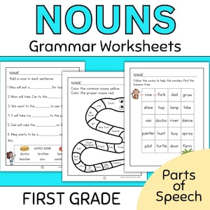May include: Three educational grammar worksheets titled NOUNS Grammar Worksheets for first grade. The pages feature black and white text and illustrations, including a snake graphic with words, a word bank, and a grid for a monkey to find a banana tree.