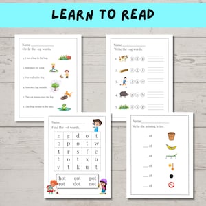 Feuilles d'exercices sur la phonétique pour la maternelle, première année à imprimer, feuilles d'exercices pour apprendre à lire pour les enfants, lecture à imprimer, mots CVC, 20 pages image 6