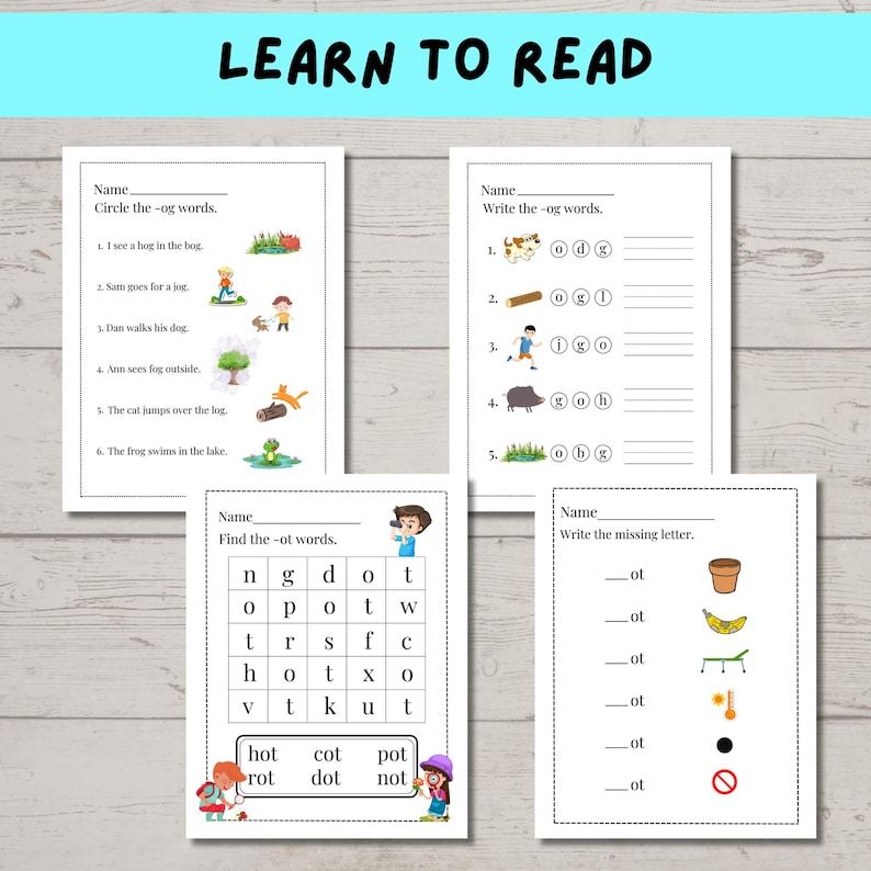 Feuilles d'exercices sur la phonétique pour la maternelle, première année à imprimer, feuilles d'exercices pour apprendre à lire pour les enfants, lecture à imprimer, mots CVC, 20 pages image 6