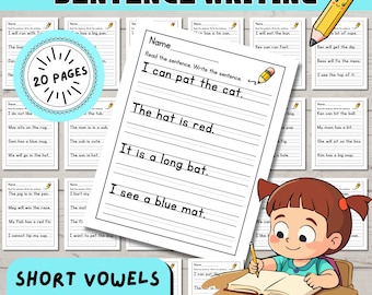 Hoja de trabajo para escribir oraciones, palabras CVC, imprimibles para educación en casa para lectura y escritura fonética