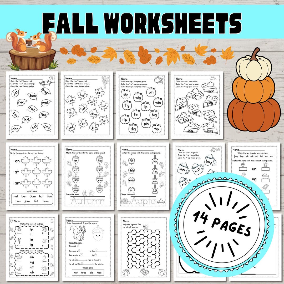 Fall Activity Pages, Phonics Worksheets for Kindergarten and First ...