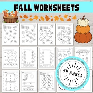 Fall Activity Pages, Phonics Worksheets for Kindergarten and First Grade