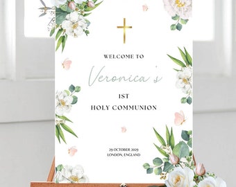 Floral First Communion Welcome Sign, Green & White Cross 1st Holy Communion Entrance Poster