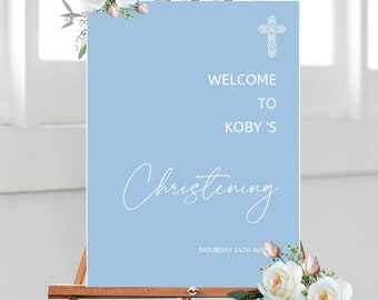 Blue Christening Welcome Sign: Modern Cross Foamex Board