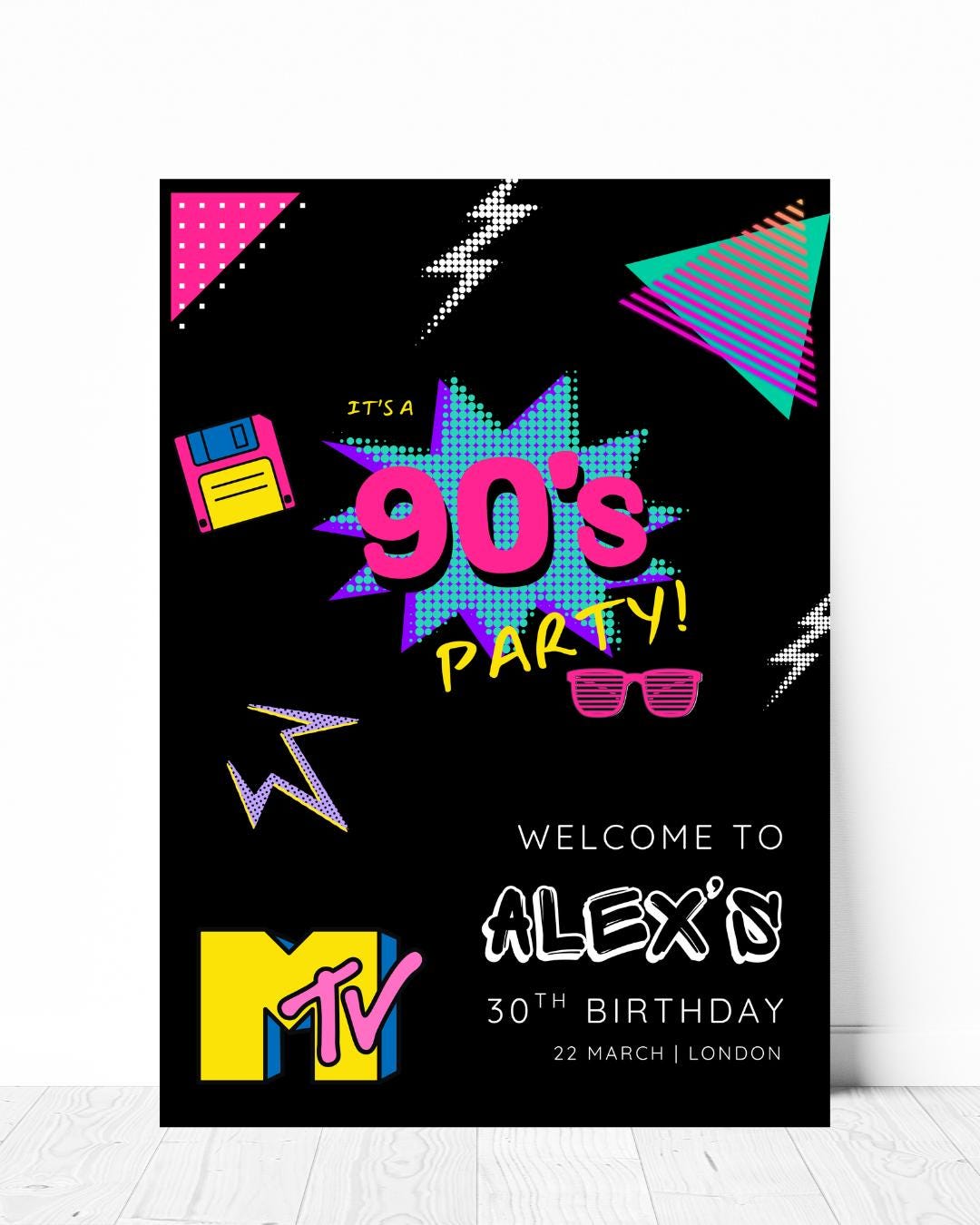 90s Neon Party Welcome Sign, Personalized 1990s Throwback Birthday ...