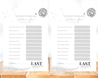 May include: Two printable game cards with a silver glitter background and a disco ball graphic. The text on the cards reads "Who Knows the Bride Best? Elodie's Hen" and "Last Disco".