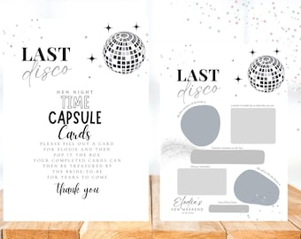 May include: A printable set of cards for a hen party, featuring a disco ball design and the text "Last Disco". The cards are for a time capsule activity, with instructions to fill out a card for the bride-to-be and then pop it in a box. The completed cards can then be treasured by the bride-to-be for years to come.
