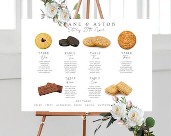 Biscuit Themed Seating Plan, Personalised Cookie Wedding Reception Table Plan, Biccie Themed Table Plan Sign & Matching Table Number Cards