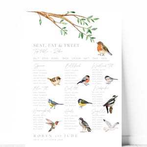 Love Birds Wedding Table Plan, Watercolour Birds Wedding Seating Chart Board, Garden Bird Table Plan Sign, Seat Eat Tweet Bird Theme Sign