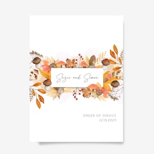 May include: A wedding order of service card featuring a watercolour illustration of autumn leaves, mushrooms, and berries. The card reads "Susie and Simon" and "Order of Service 22.10.2029".
