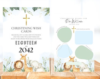 Jungle Safari Christening Time Capsule Cards, Baby Animal Guest Book Wish Cards
