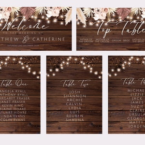 May include: Rustic wedding table seating chart with a wood background and fairy lights. The chart includes the names of guests assigned to each table. The top table includes the names of the wedding party members. The welcome sign includes the names Matthew and Catherine.