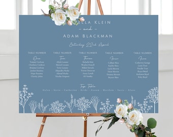 Botanical Dusky Blue Wedding Table Plan, Blue Wedding Table Numbers, Blue Personalised Wedding Menus, Blue Reception Personalised Placecards