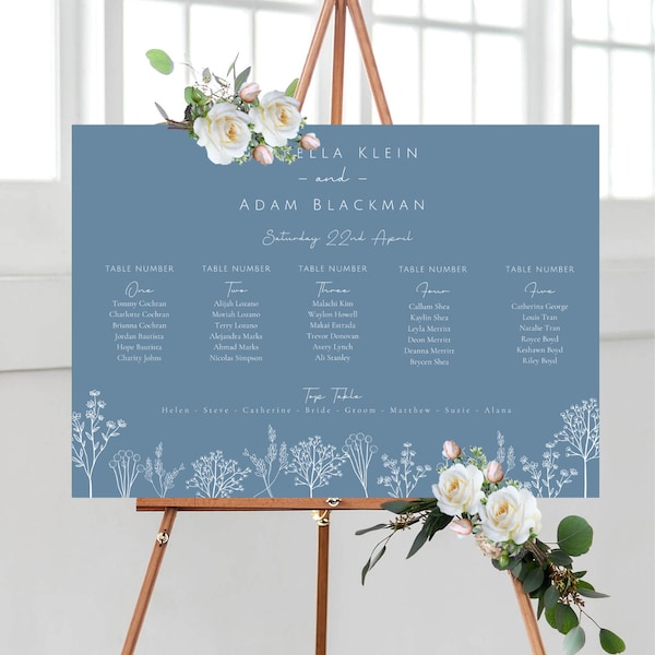 Botanical Dusky Blue Wedding Table Plan, Blue Wedding Table Numbers, Blue Personalised Wedding Menus, Blue Reception Personalised Placecards