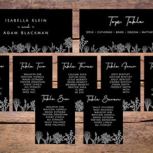 May include: Black and white wedding seating chart with floral accents. The top card reads "Top Table" with the names Steve, Catherine, Bride, Groom, Matthew, and Susie. The remaining cards are numbered from one to seven and list guest names.