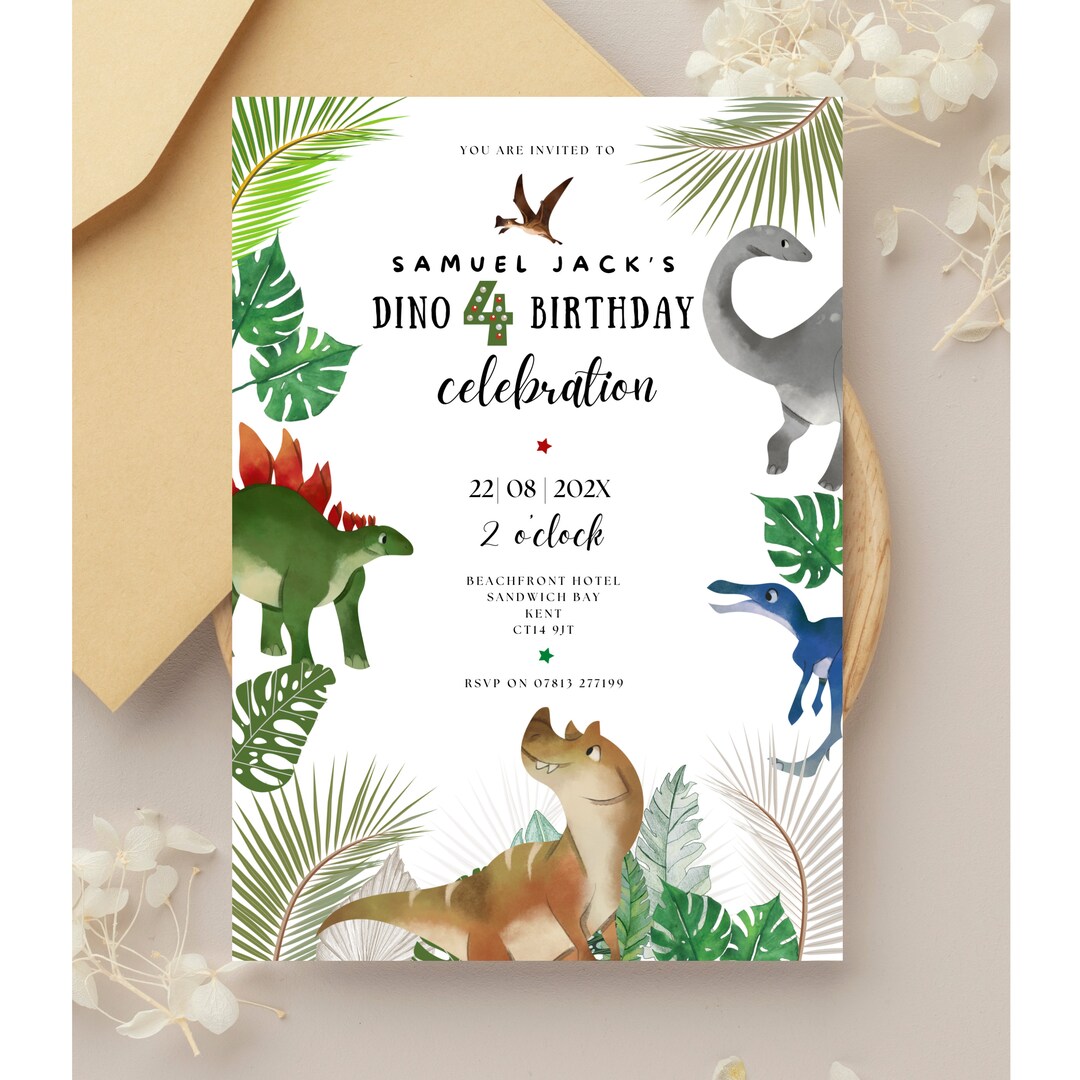 Dinosaur Party Invitations Editable Dino Four 4th Birthday Etsy