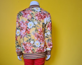 Reversible kids bomber jacket yellow crepe floral satin OOAK handmade Age 6 pockets