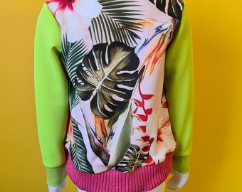 Tropical kids bomber jacket  pink green cheese plant monstera hibiscus floral