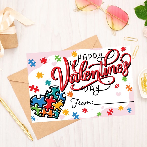 Printable Happy Valentine's Day Cards, Instant Download Digital Card Template, ASD Design, Autism Awareness Puzzle Valentine's Day Card