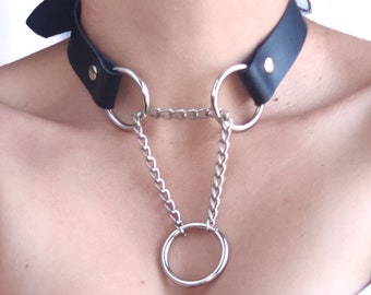 Leather Choker with Chain, Martingale Collar, Fetish accessories, BDSM toy, Petplay Choker, Kinky Necklace, Gift for Sub, Kitten Jewelry