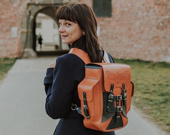 Unique leather backpack, hand made with tooled raven, deluxe bag