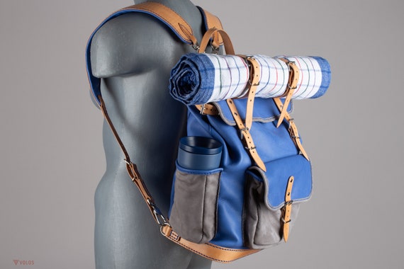 Blue Leather Backpack Bag for Exploring Wasteland Handmade Video Game Accessory Gray and Natural Details Cosplay Backpack Blanket Strap Etsy