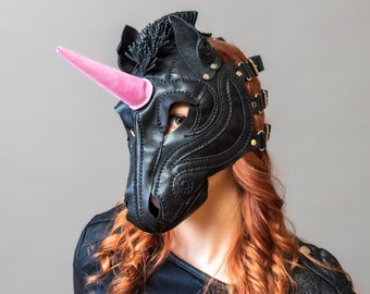 Leather Unicorn Mask with Detachable Horn, Horse Fetish Mask, Masquerade Unicorn, Ponyplay Mask, Leather Horse, Unicorn Horn, Kinky Roleplay